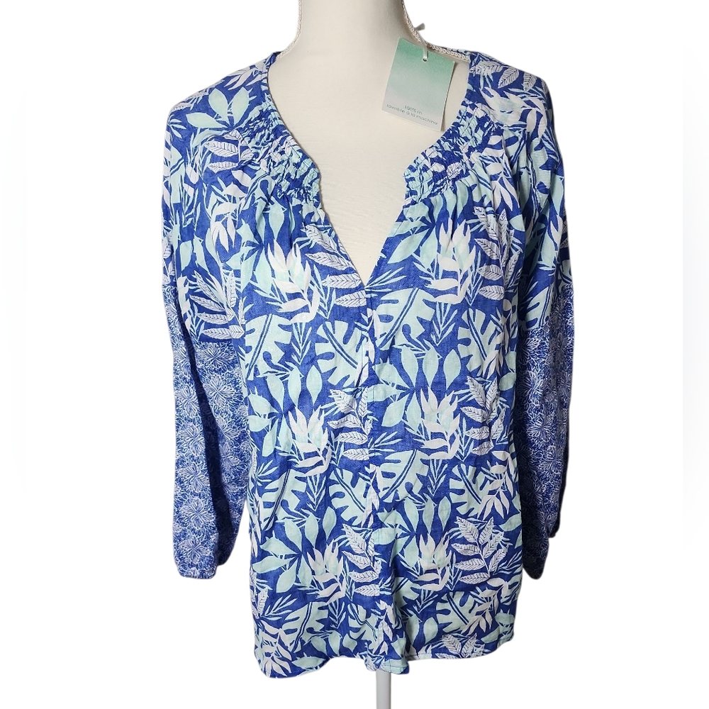 Sigred Olsen‎ Peasant Top Nwt Size Medium Blue Floral 100% Linen Tropical